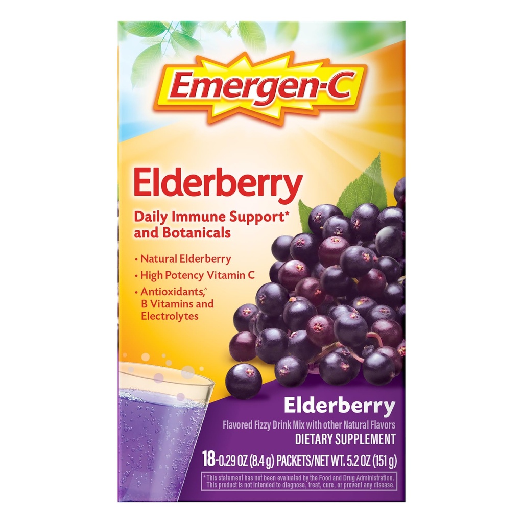 Emergen- C Elderberry Fizzy Drink Mix, Elderberry Immotive Support, Naturalne aromaty, Witamina C o dużej mocy, 18 Hrabia