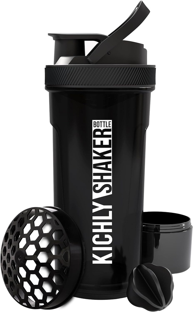KICHLY Shaker Butelka 1 Pack - 24 Ounce Plastic Protein Shaker Butelka do treningu przed i post z Twist & Lock pudełko białka przechowywania (czarny)