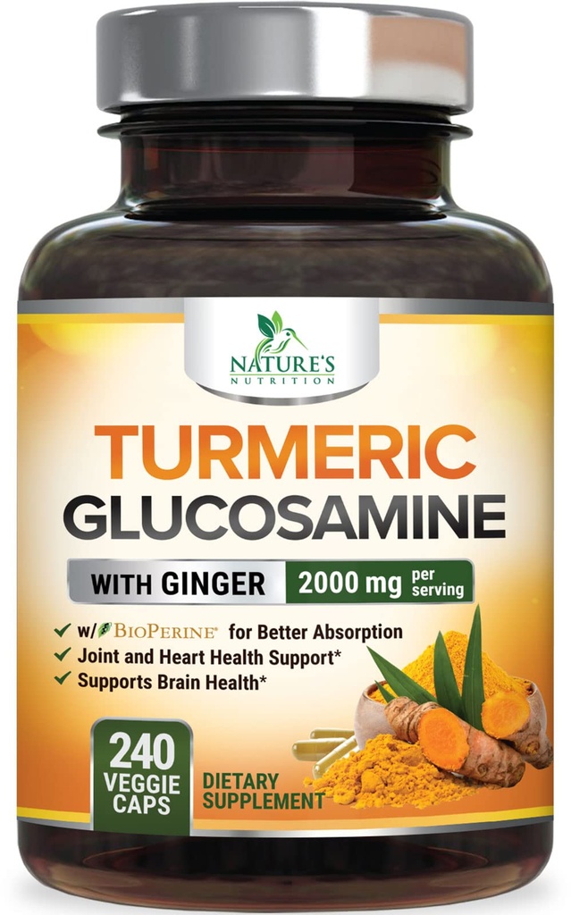 Kurkumina Kurkumina suplement 2000mg - 95% Kurkuminoidy z Glukozaminą, Ginger & MSM, BioPerine Black Pepper dla najlepszej absorpcji, Natural 's Vegan Joint Support, Non-GMO, Butelkowane w USA - 240 Kapsułki