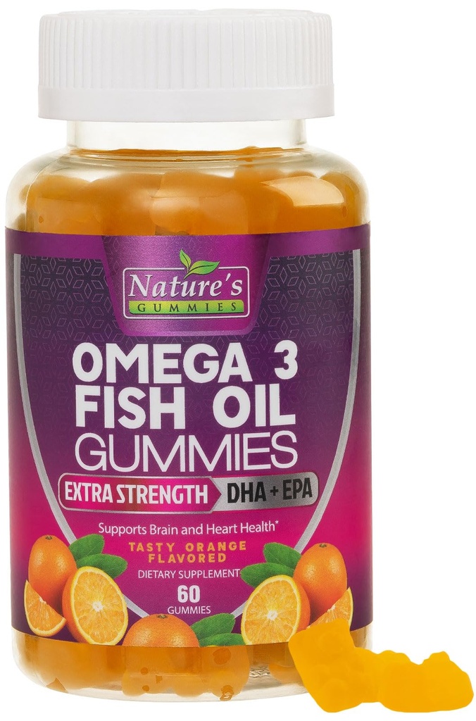 Omega 3 Fish Oil Gummies, Heart Healthy Omega 3 Gummy Suplement z wysoką absorpcją DHA & EPA, Extra Siła Joint & Wsparcie Mózgu, Pyszne Pomarańczowy Flavor Fish Oil Nature 's Witamina - 60 Gummies
