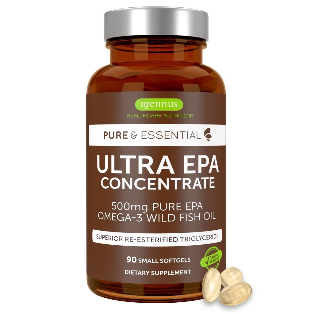Igennus Ultra Pure Omega-3 EPA 500mg, Wysoko skoncentrowany IFOS Certified Wild Fish Oil, Advanced rTG Trigliceryde Form, Non-GMO, 90 Małe softgele