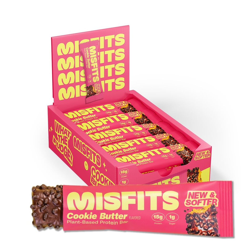 Misfits Wegan Protein Bars, Masło Cookie - Aktualizacja przepisu 124; Roślina oparta, niski cukier & węglowodany, Wysokie przekąski włókno 124; Opakowanie po 15