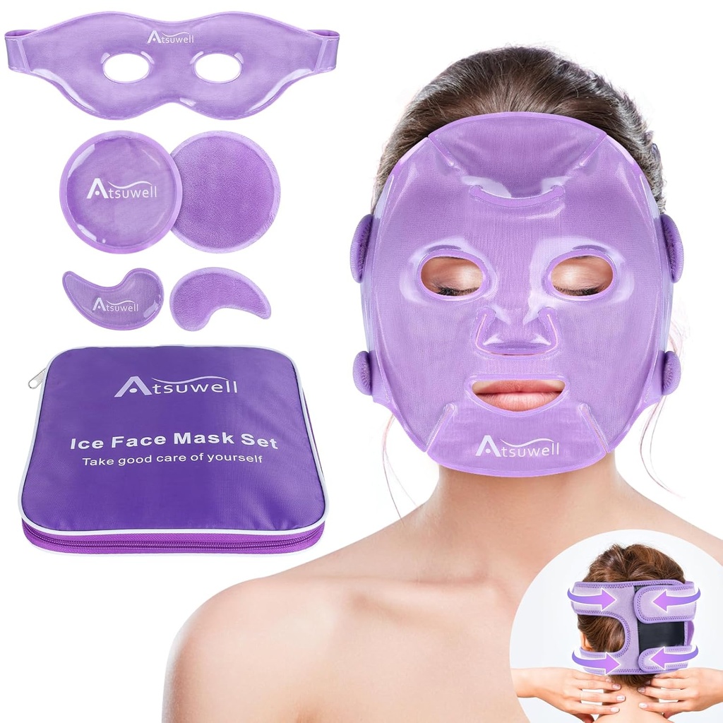 Atsuwell Cooling Ice Face Eye Mask Zestaw do ciemnych kręgów i puffness, 6 żelowe zimne paczki na twarz, oczy, miękkie pluszowe łyżeczki zimne kompres, relaks, Cool Bag w zestawie