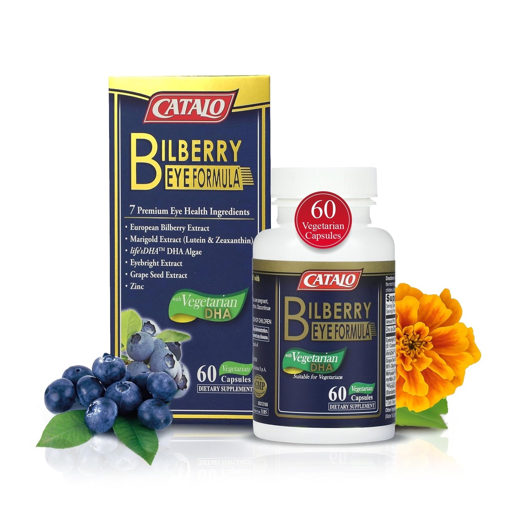 CATALO Bilberry Eye Formuła z Wegetarian DHA - Suplement do pielęgnacji oczu z Mirtoselect Bilberry Extract, DHA z Algae, Luteina, Zeaksantyna, Grape Seed Extract i Cynk - 60 Kapsułki wegetariańskie