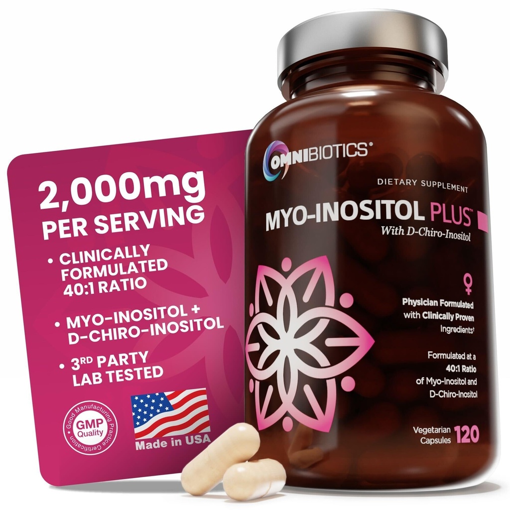 OmniBiotics Myo- Inositol & D- Chiro Inositol Suplement z 40: 1 Stosunek hormonu równowagi dla kobiet - Suplement kobiet do wspierania zdrowia rozrodczego i funkcji jajników. Non-GMO - 120 Kapsułek wegańskich