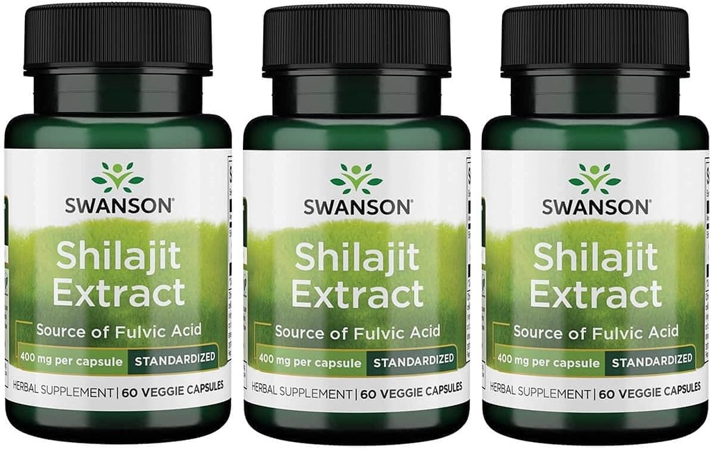 Ekstrakt Swanson Shilajit - Suplement ziołowy Promowanie wsparcia wzrostu komórek - Naturalna formuła dla ogólnego Wellness - (400 Miligramów 60 Kapsułek Veg) 3 opakowania