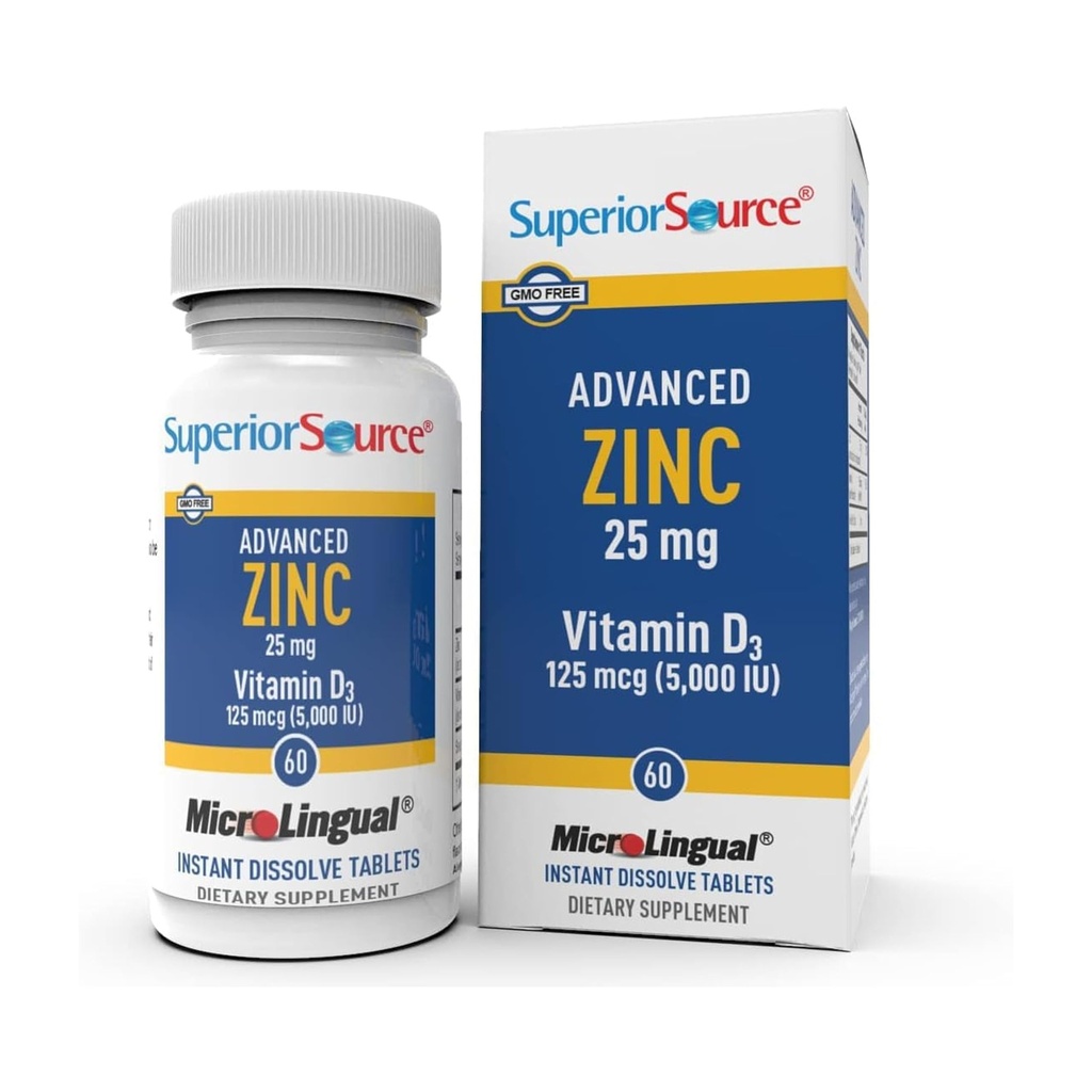 Superior Source Advanced Cynk 25 mg - Zawiera witaminę D3 5000 IU - Suplement wsparcia immunologicznego dla mężczyzn i kobiet - Nie-GMO & Gluten- Free - 60 Micro Językowe tabletki rozpuszczalne