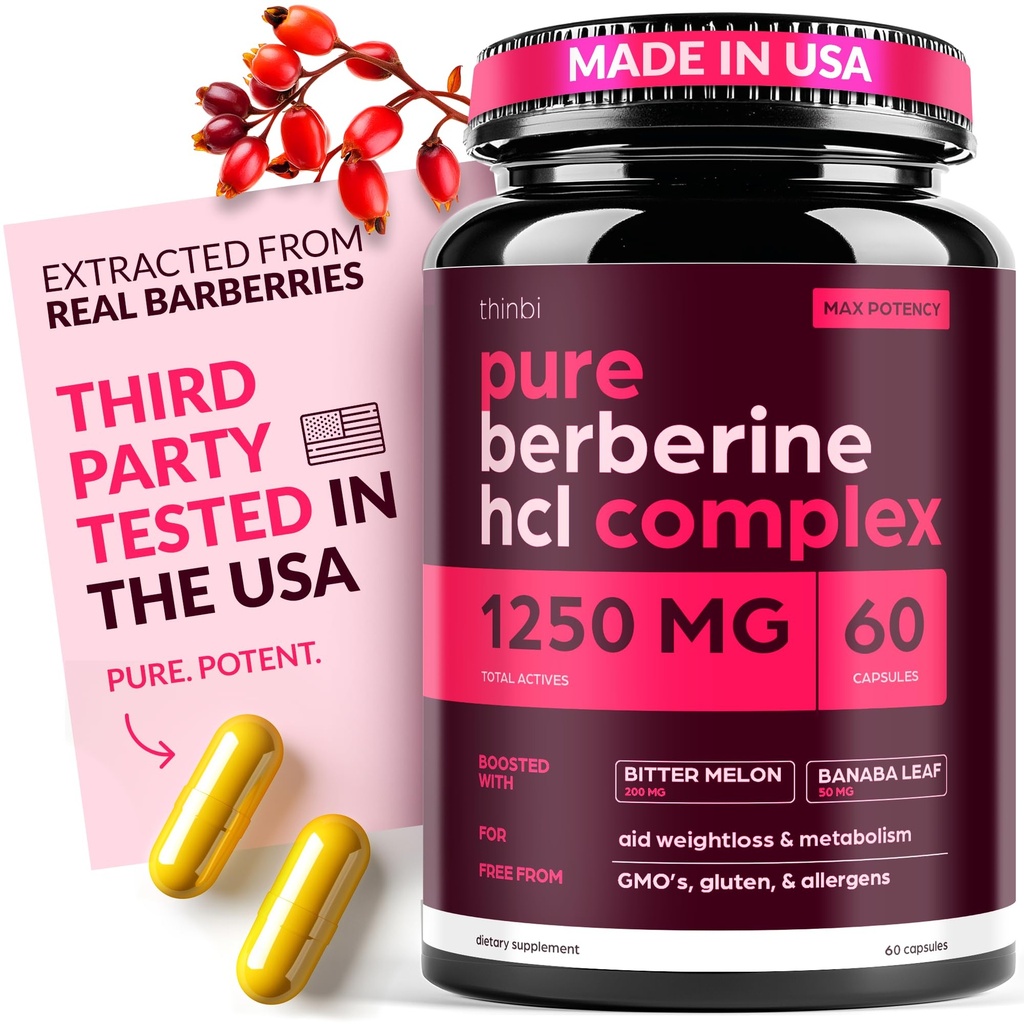 Berberine Supplement 1250mg Pothent kapsułki botaniczne do zarządzania wagą z Bitter Melon i Banaba Leaf - HCl z Barberry Extract- 30 Służenia