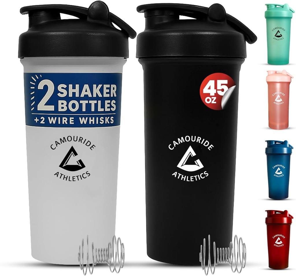 2 Pack 45 Oz butelki shaker protein z whiskey drutu - BPA- Free, Leak- Proof Shaker Butelki do shakes protein & Smoothies - Duże plastikowe butelki mikser - Classic biały i noc czarny