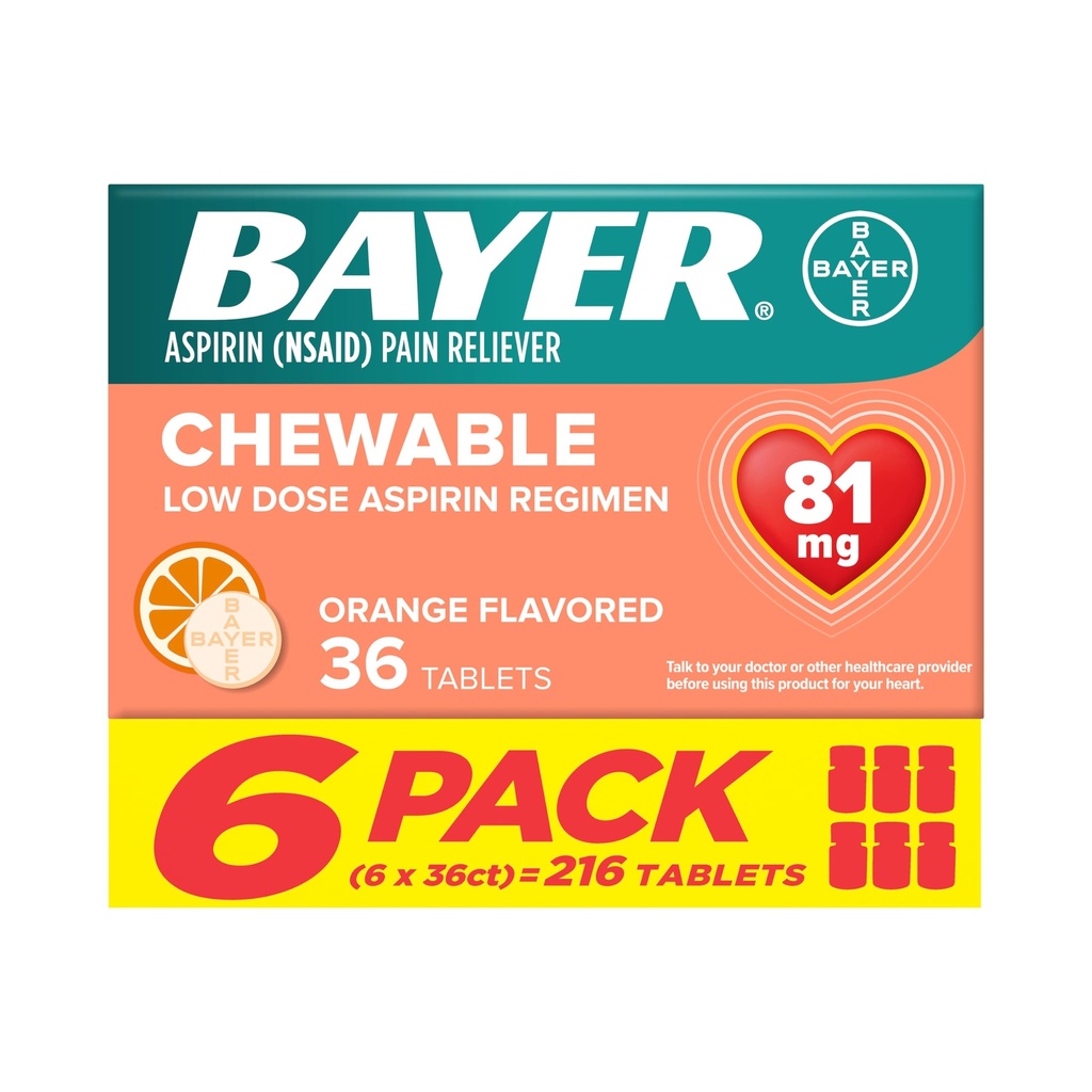 Bayer Aspiryna Niska dawka 81 mg tabletki do rozgryzania i żucia, lek przeciwbólowy, pomaranczowy, 216 tabletek (6 opakowań)