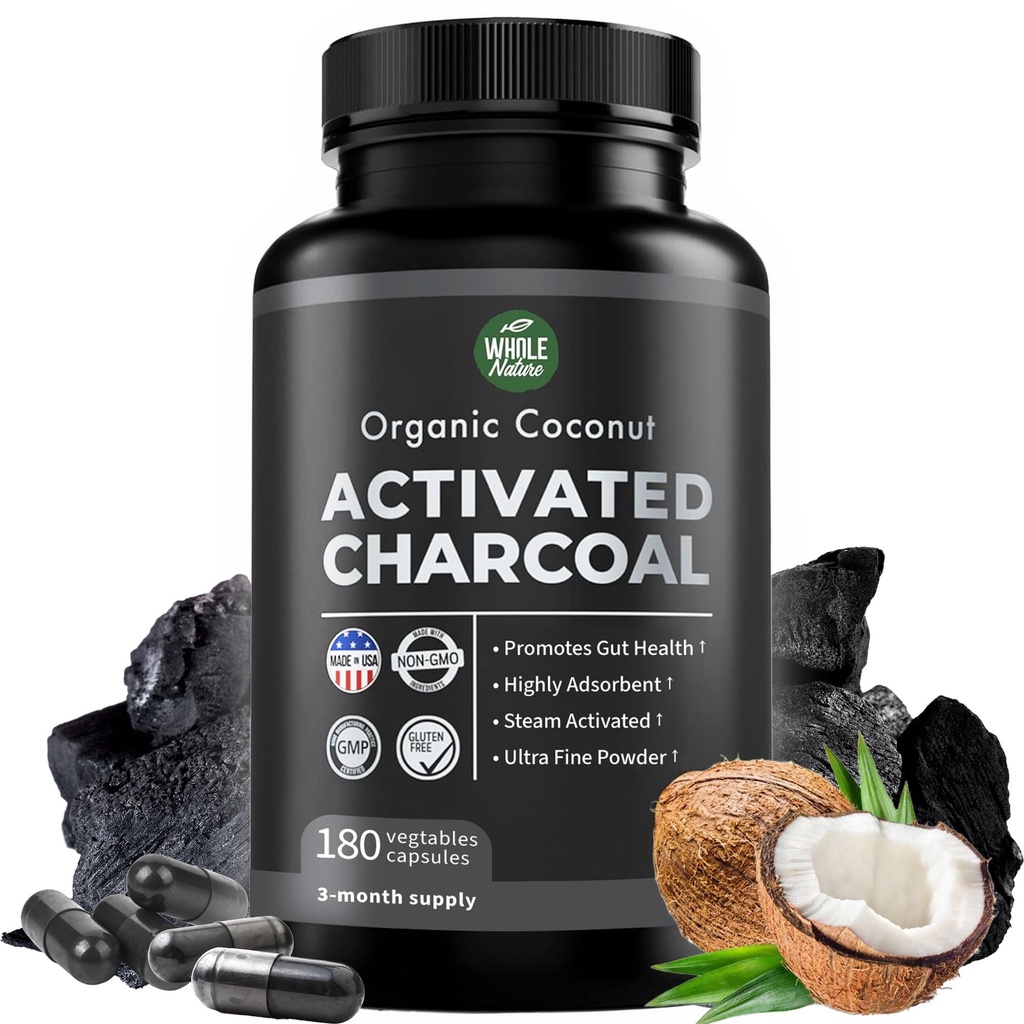 Pure Coconut Activated Charcoal Capsules - 180 Charcoal Pills, Helps with Teeth Whitening, Bloating and Body Cleansing. Non-GMO - Gluten Free, Vegan