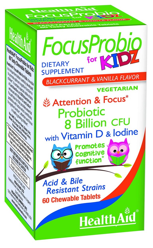FocusProbio dla Kidz, 60 tabletek do rozgryzania i żucia, obsługuje funkcję Cognitive dla uwagi i ostrości. Czarna porzeczka i Vanilla Flavor, Zawiera witaminy D i jodu. Odporne na kwasy i bile szczeliny. Warzywa