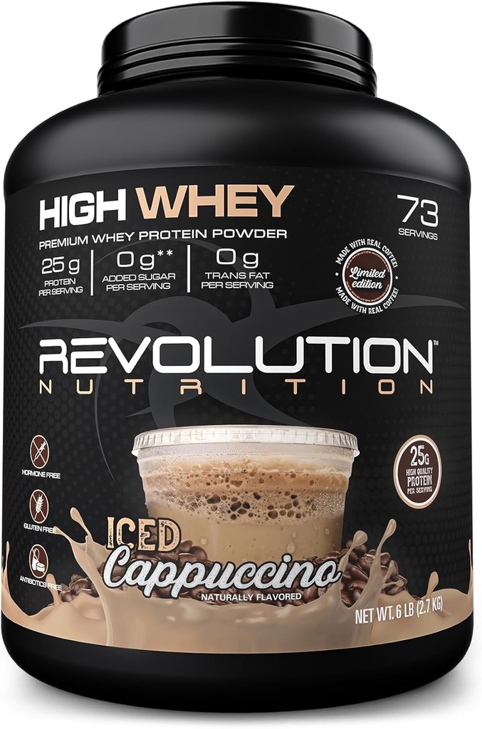 Revolution Nutrition, High Whey, Protein Powder 6LB, Whey Isolate, Gluten Free, Lean Muscle Mass for Men & Women, 25g Protein Per Scoop, 2,7kg, 73 Służenie (Mrożone Cappuccino, 6 funtów)