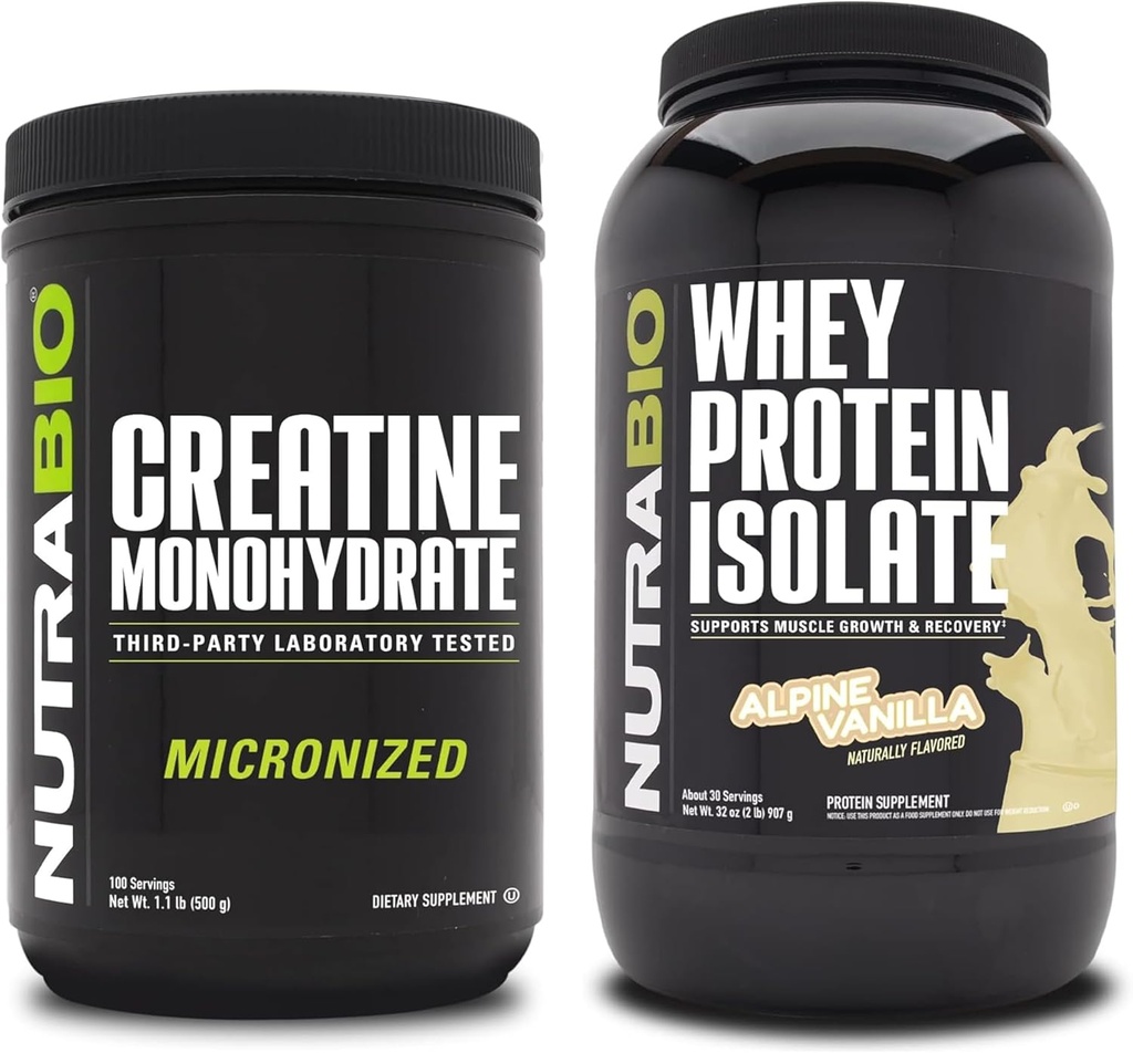Monowodzian NutraBio Creatine, izolat nieflaworyczny, 500 g i białko serwatki, wanilia alpejska, suplement Paleta - Energia mięśniowa, Lean Muscle Growth, Recovery i Siła