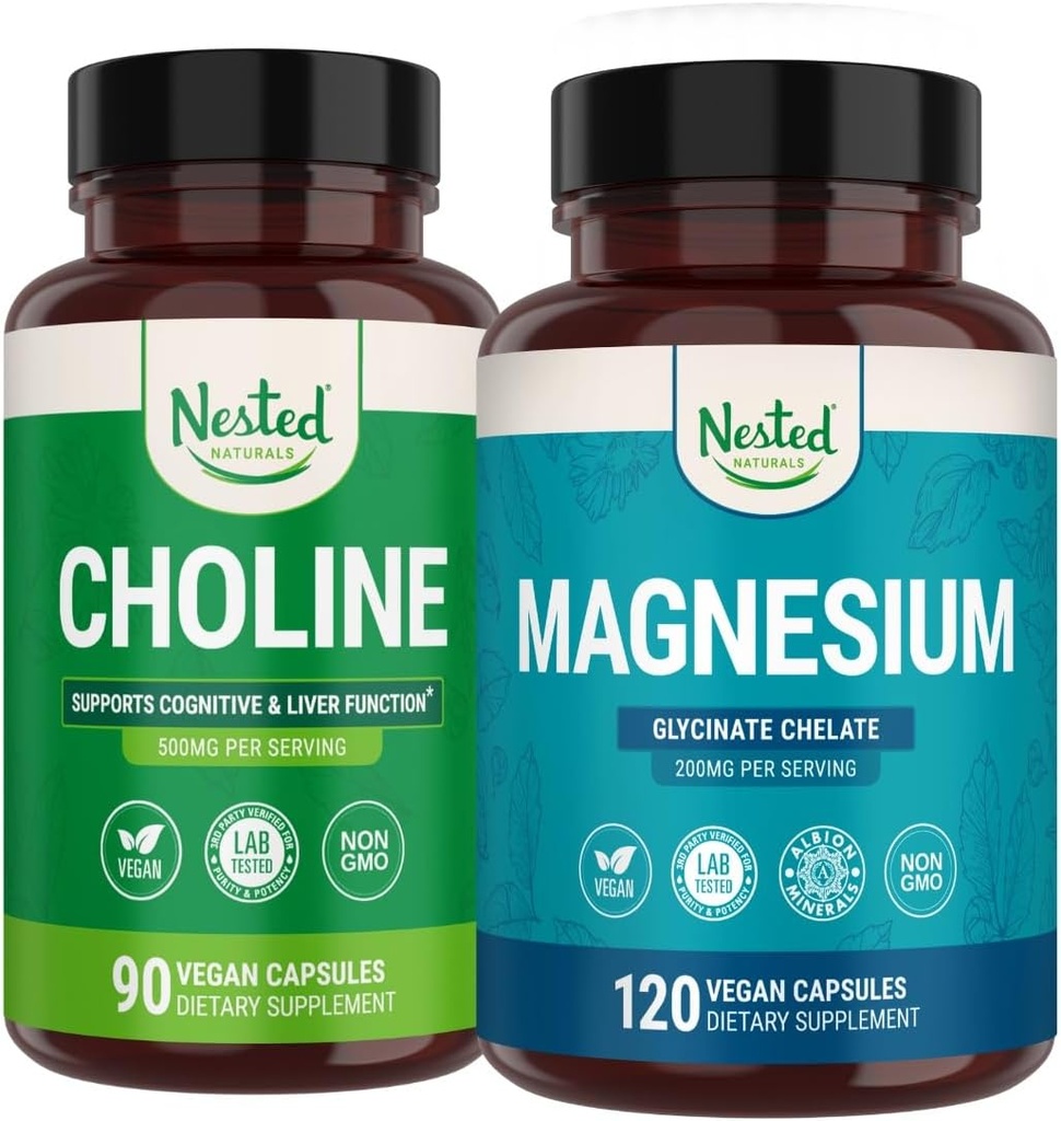 Nested Naturals Choline Bitartrate & Magnezu Glycinate Chelate Stack 124; Relaxation, Sleep Support, Cognitive Performance (210 Count)
