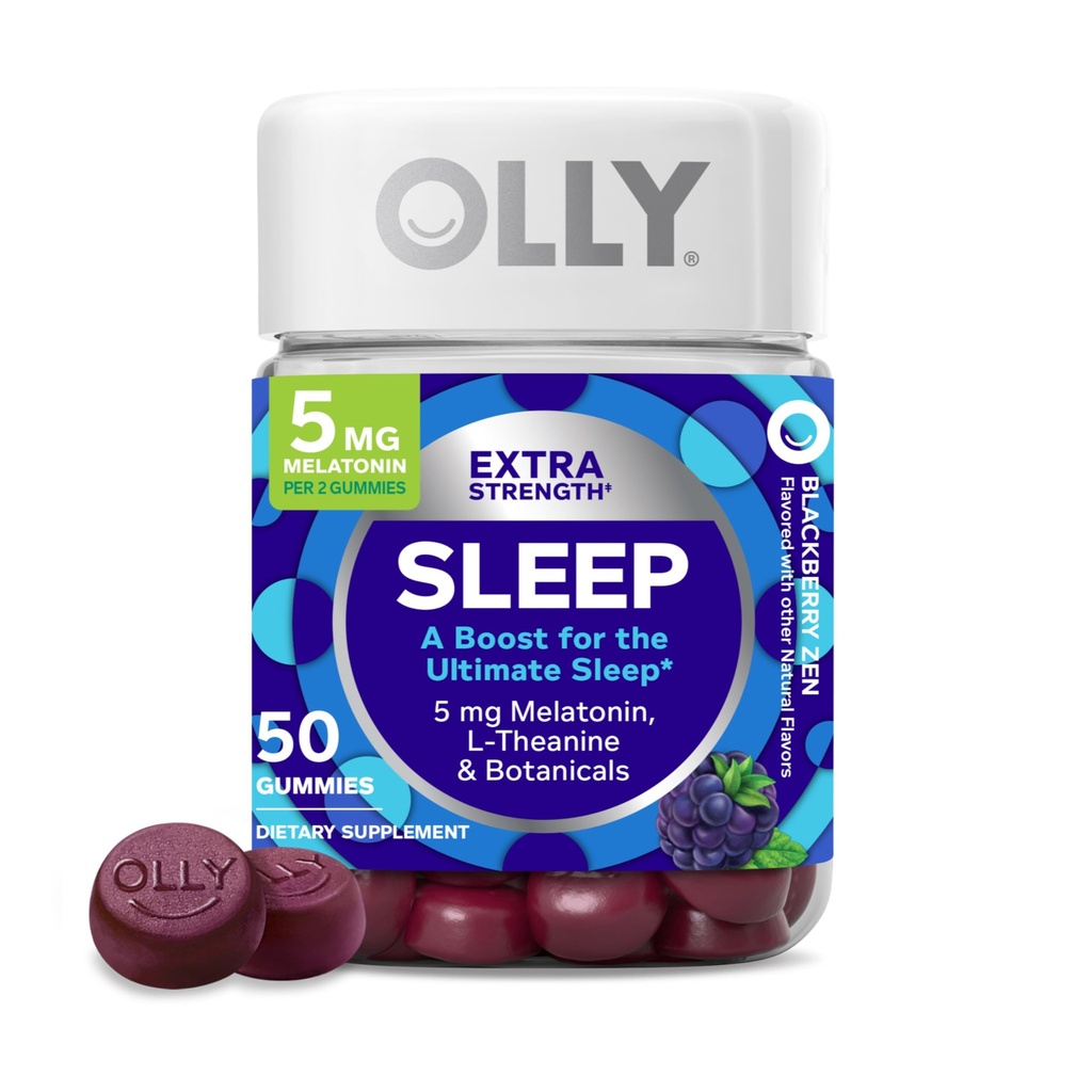OLLY Extra Siła Sleep Gummy, 5 mg Melatonina, L- Theanina, Rumianek, Balsam cytrynowy, Pomoc na sen, BlackBerry - 50 Count