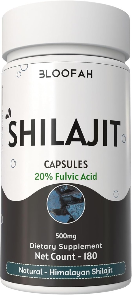 Bloofah Shilajit Kapsułki 500 mg Bis 124; 20% Ekstrakt Kwas Fulvic Bis 124; Naturalny Proszek Shilajit (Asphaltum) 124; Nie-GMO, Gluten- Free 124; Premium Wellness Supplement for Daily Use (180 Count (Pack of 1))