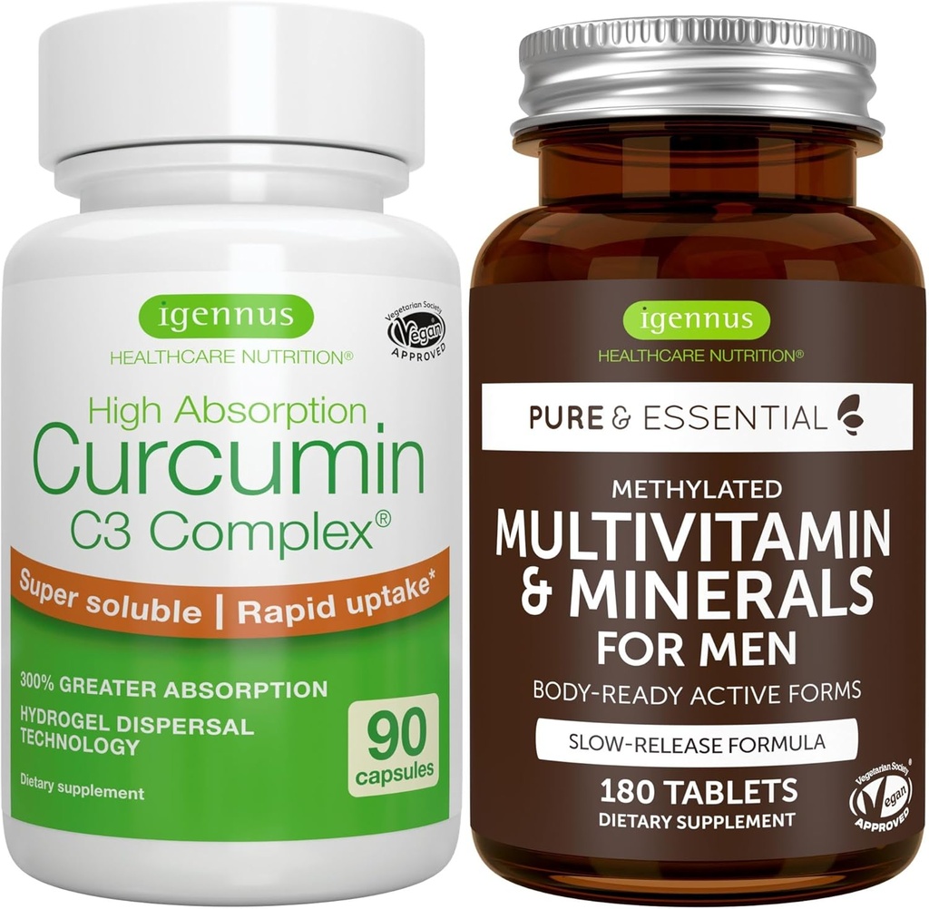 Multivitamin & Minerals dla mężczyzn + Wysoka Absorpcja Kurkumina C3 Complex, Wegan Bundle, Trwała Release Advanced Multivitamin + 300% Większa Absorpcja Kurkuminoidy z szybkiego wchłonięcia, przez Igennus