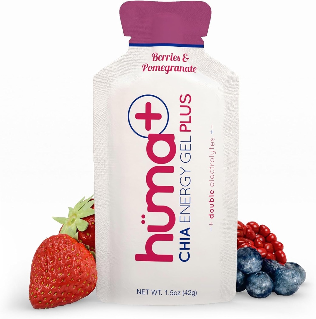 Huma Plus (Double Electrolytes) - Żel Chia Energy, Jagody i Granaty, 24 żele - Przyjazne do stomachów, Gele z prawdziwą energią żywnościową