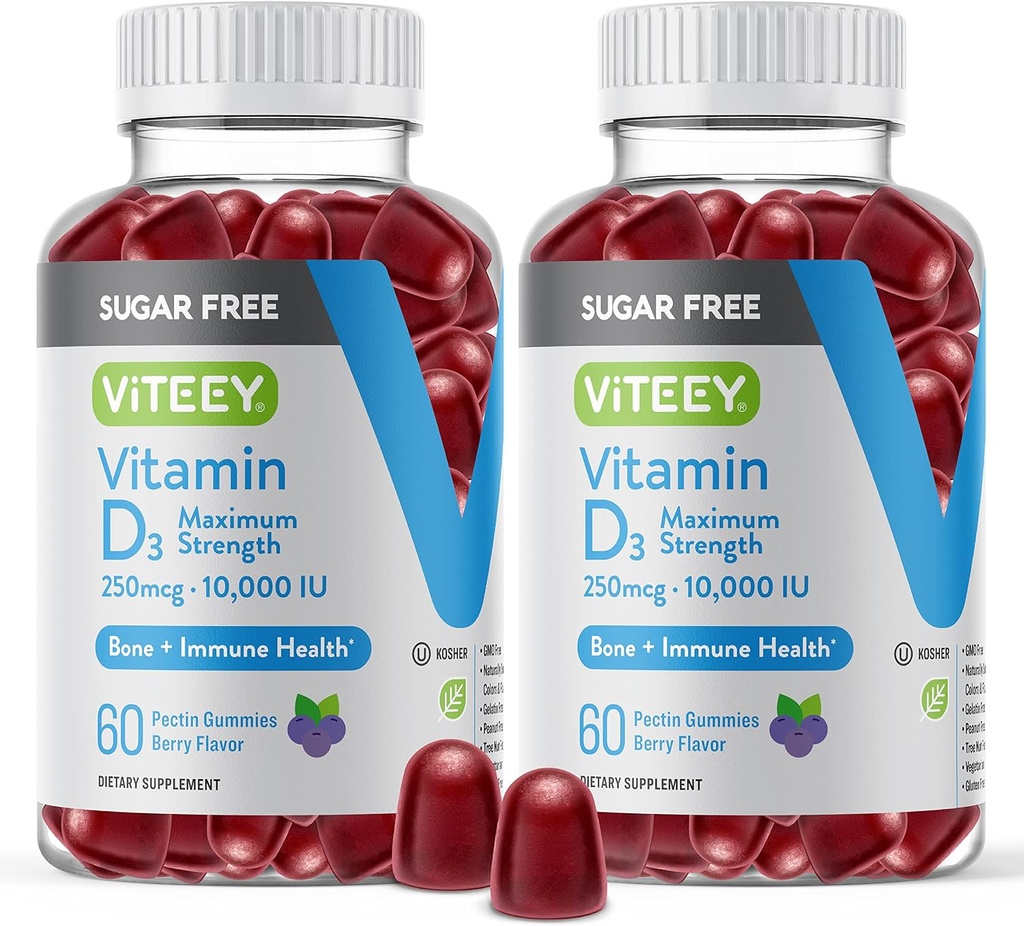 Witamina Witamina D3 Gumiaki dla dorosłych i nastolatków -10 000 IU, 250 mcg, Maksymalna moc - Bez cukru, kości, Joint & Muscle Health, Immune Boost - Wegetarianin, Żelatyna Free - Smaczne żute Berry Flavored