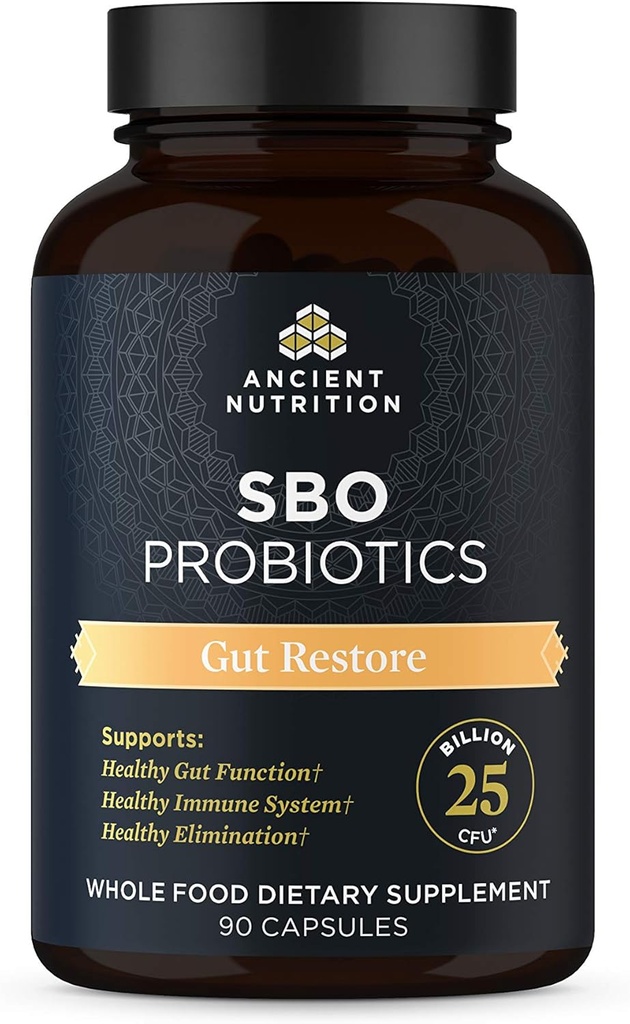 Ancient Nutrition Probiotics, SBO Probiotics Gut Restore 90 Ct, Promotes Gut Health, Digestive and Immune Support, Gluten Free, Superfoods Blend, 25 Billion CFU * Per Serving, 90 kapsułki