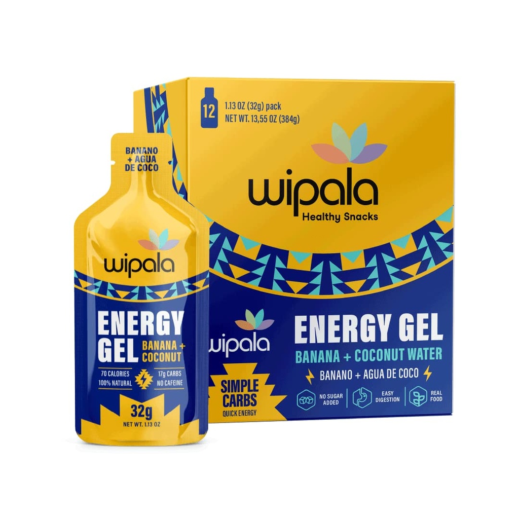 Wipala Energy Gel, Banana Coconut, 12 Pack - Kofeina Free, Certified Vegan, Non GMO - Czysta energia dla treningu wytrzymałościowego, Running & Performance