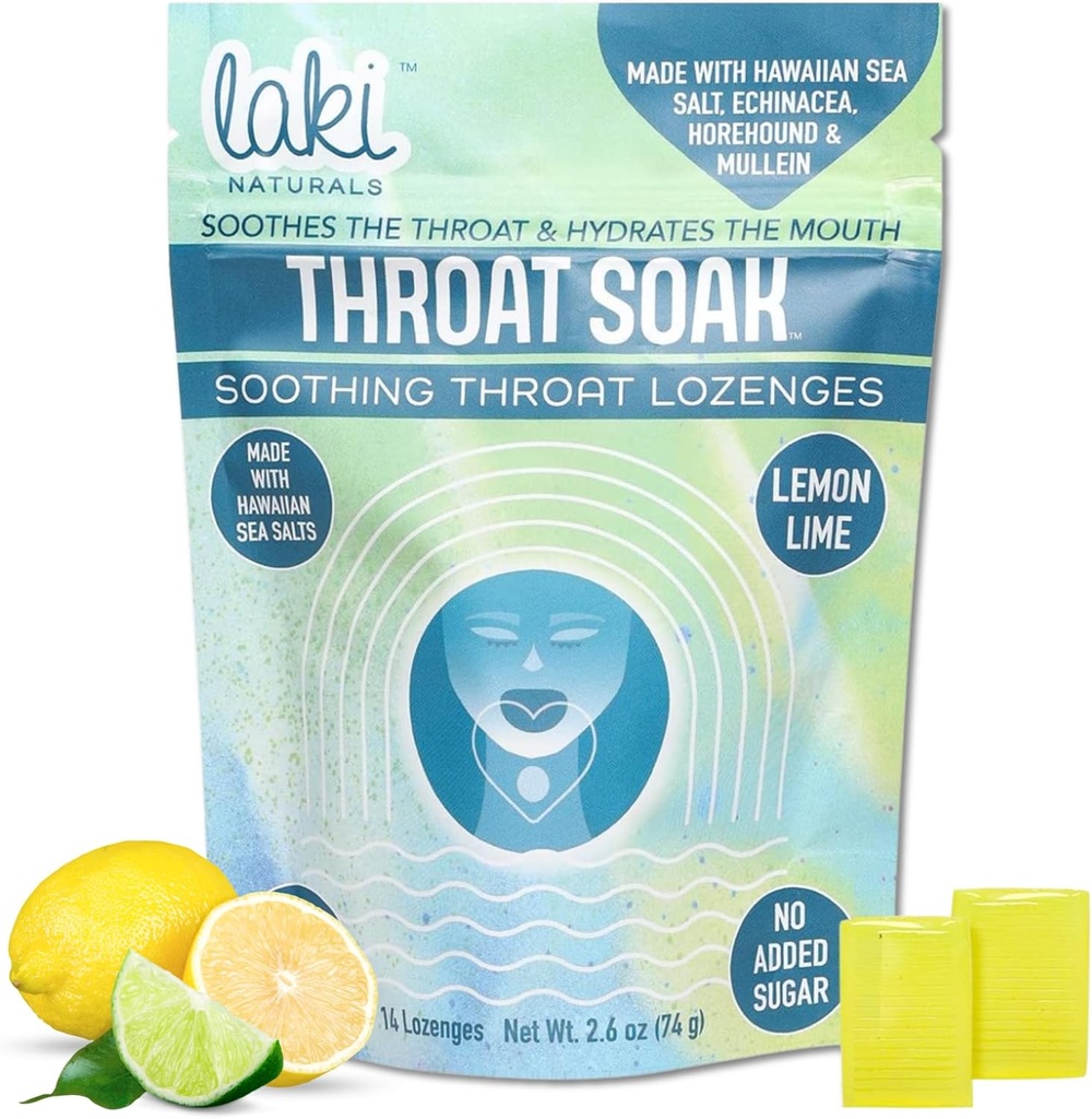 Laki Naturals Throat Soak Herbal Throat Lozenges (14 Ct) - Hawaiian Sea Salt Sore Throat & Dry Mouth Soothing Drops - Vegan, Non-GMO, Sugar- Free & Gluten- Free Sweet and Salty Herbal Candies