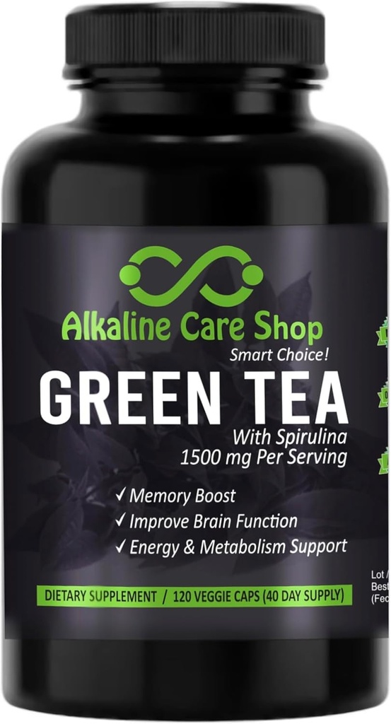 Alkaline Care - Zielona herbata z Spirulina Extract 1500mg - Wysoka absorpcja Ultra Pothent Green Tea Supplement z Spirulina - Zielona herbata dla energii i wsparcia metabolizmu kapsułki - 120 Kapsułki