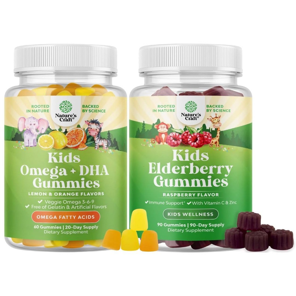 Grupa dzieci DHA Omega 3 Gumiaki - Kwasy tłuszczowe Omega 3 6 9 dla odporności mózgu & Vision - Żywotne DHA i Sambucus Gummeje Elderberry dla dzieci Zdrowie - Cynk i Witamina C dla immunologicznego wsparcia
