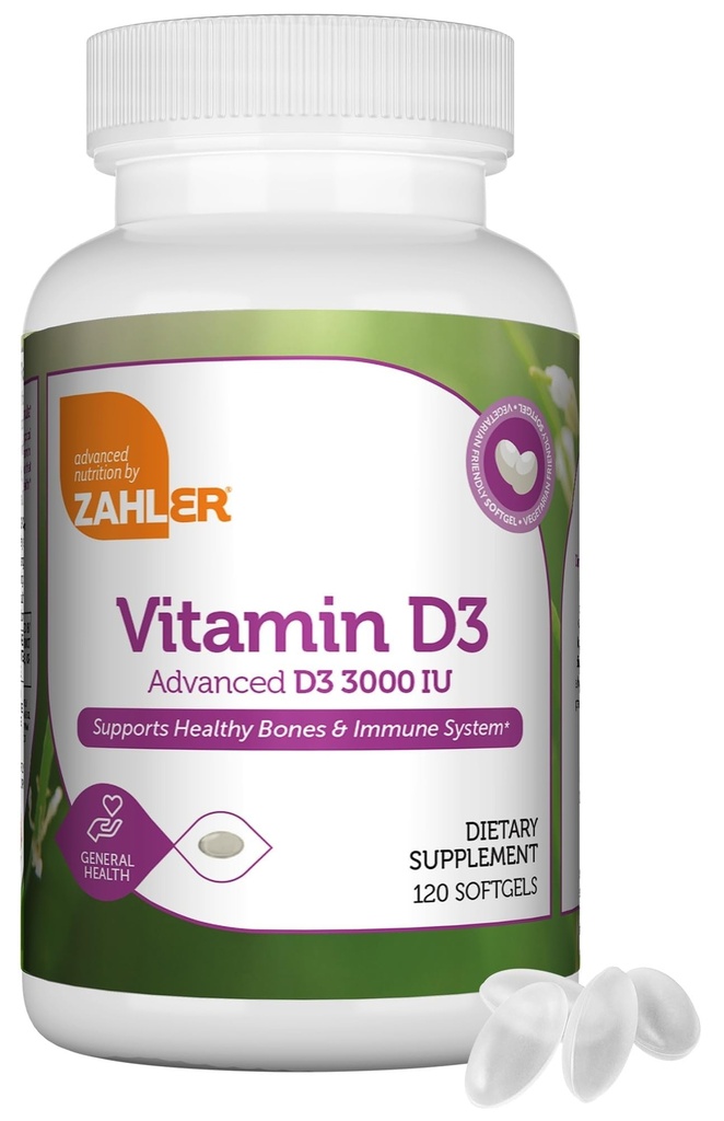 Zahler - Zaawansowana witamina D3 3000 IU Softgels (120 Count) Kosher Vegetarian Friendly Witamina D dla immunologicznego wsparcia, kości, zębów i zdrowia mięśni - Daily D3 suplement witaminy dla dorosłych - Easy Swallow.