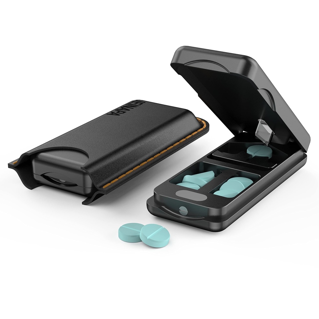 Pill Cutter z Auto Cinter Device, Aluminium Pill Splitter z 316L Ostrze Stainless, Oryginalna skórzana skrzynia, Profesjonalny Pill Splitter do cięcia małych tabletek lub dużych tabletek (czarny)