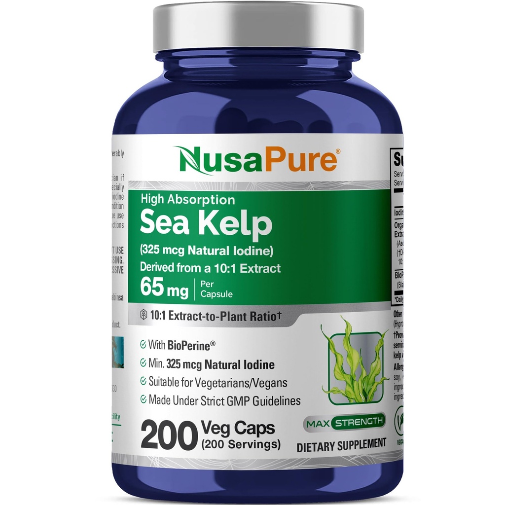 NusaPure Sea Kelp Natural Jod 325mcg 10: 1 Extract, 65 mg Ekwiwalent 650 mg Capsule 200 Count (Non- GMO, Vegan)