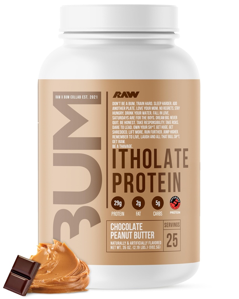 RAW Serwatka Izolacja proszku proteinowego, Czekoladowe masło orzechowe (Itolan CBUM) - 100% Spożywczy pokarmowy proszek odżywczy do wzrostu i odzysku mięśni - Niski tłuszcz, Niskie węglowodany, Naturalnie aromatyzowane - 25 Słupki