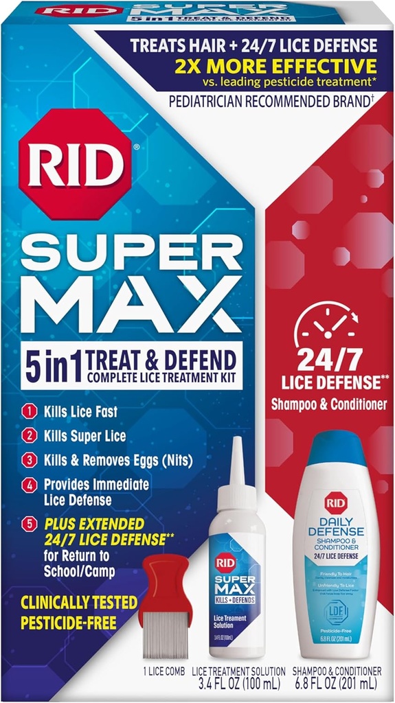 RID Super Max Lice Treatment Kit, Zabija Lice & Super Lice & Jaja + 24 / 7 Lice Defense, Pesticide Free, 3.4 FL OZ Solution + 6.8 FL OZ Daily Defense Shampoo & Conditioner + Nit Removal Comb mer