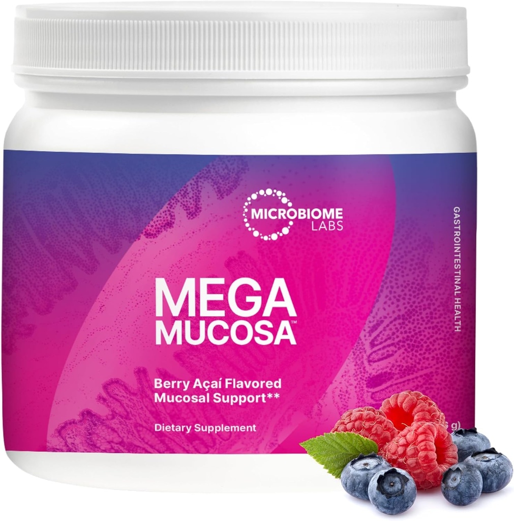 Microbiome Labs MegaMucosa Gut Health Powder - Suplement pokarmowy z pełnym wsparciem mukozalnym dla zdrowej gumy i funkcji immunologicznej - Darmowy Immunoglobuliny i Amino Acids - Berry Acai (5.5 oz)