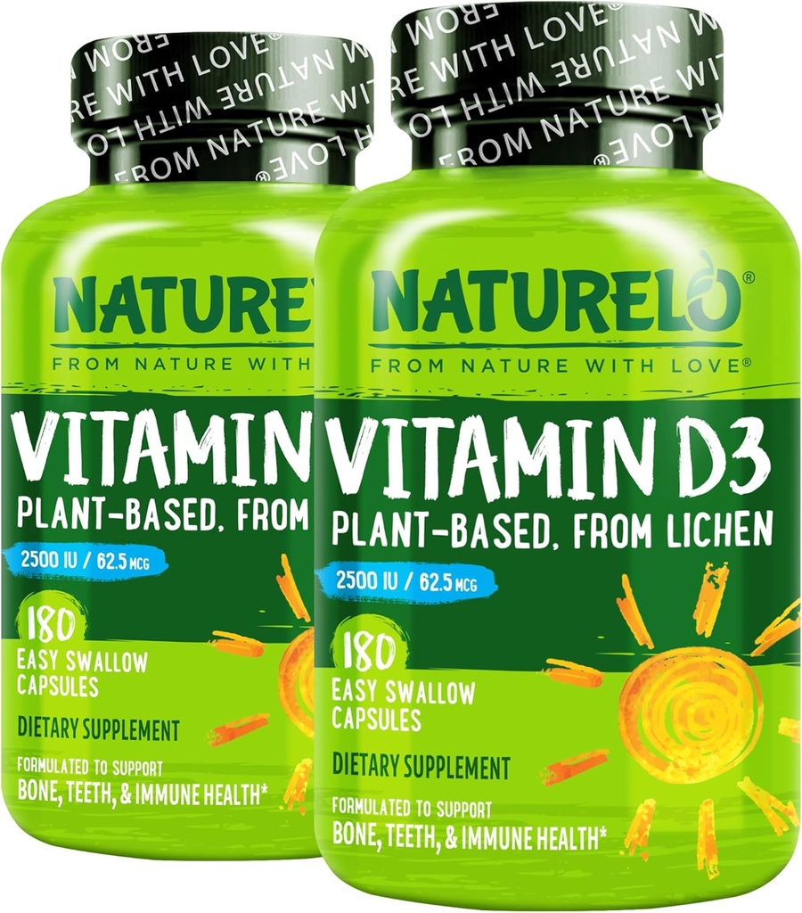 NATURELO Witamina D - 2500 IU - Roślina oparta na Lichen - Naturalny suplement D3 do układu immunologicznego, Wsparcie dla kości, Joint Health - Vegan - Non-GMO - Gluten Free - 180 Kapsułek (opakowanie po 2)
