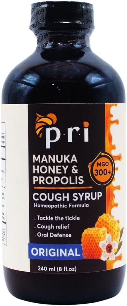 P.R.I Natural Dry Cough Syrup with Manuka Honey, Propolis, Tea Tree Oil and Vitamin C - Sore Throat & Immune Support, Original Flavor, 8oz