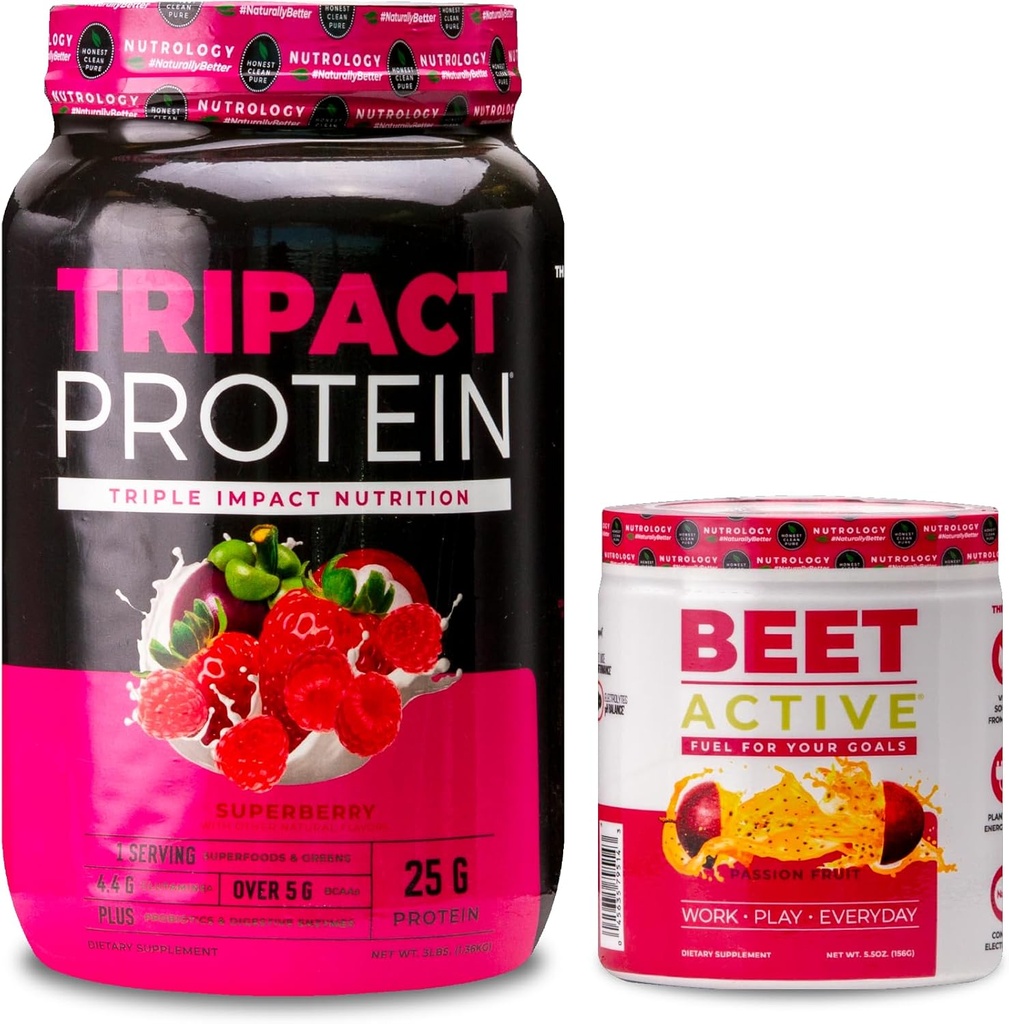Nutrologia TRIPACT Protein Powder, 7- in-1 Mieszany shake zastępczy, Superberry (40 Servings) Aktywne buraki, Natural Pre- Workout Powder, Passion Fruit Flavor (30 Servings)