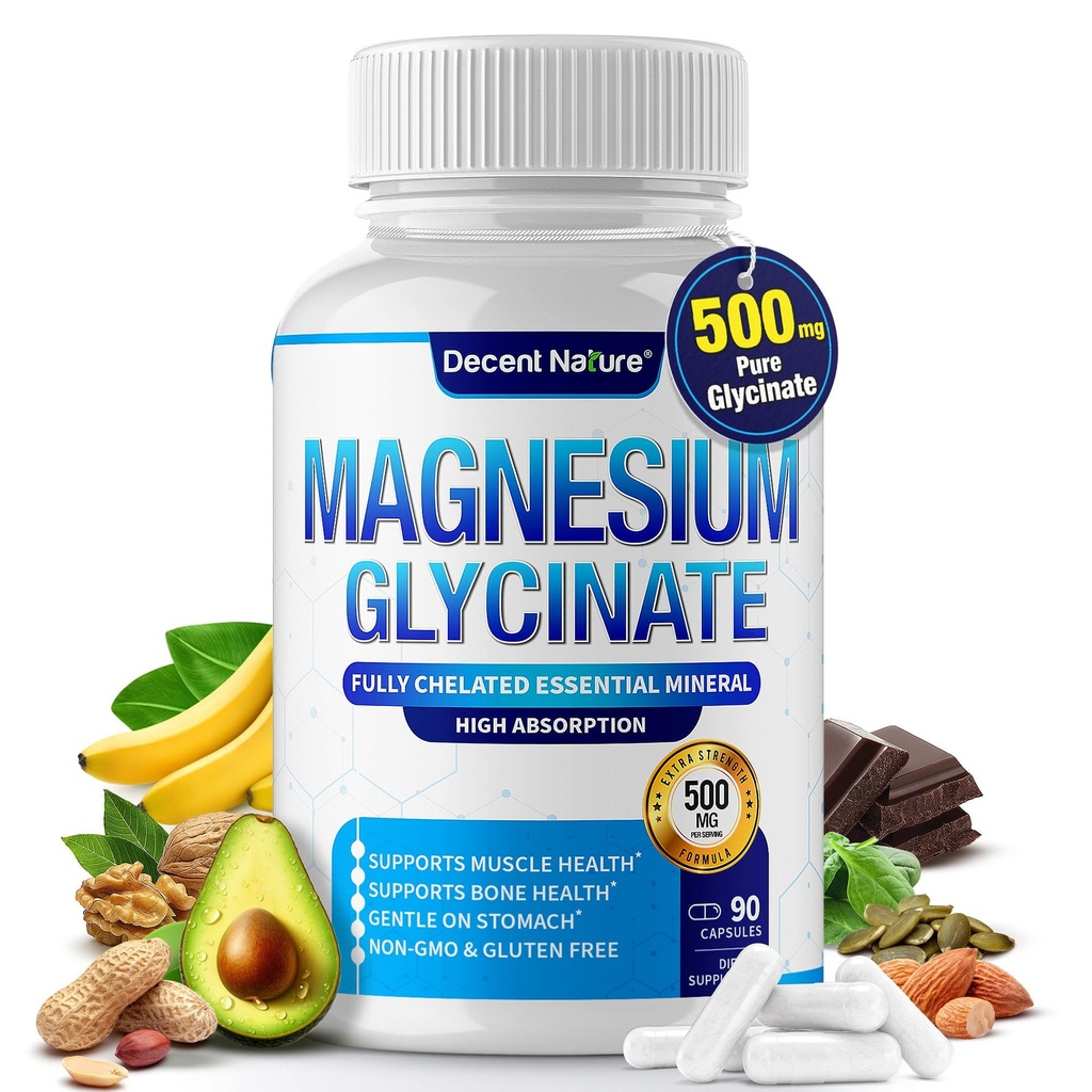 Magnezu Glicynian 500 mg Suplement magnezu - Chelatowany do wysokiej absorpcji i Biodostępności Support Sleep, Mięśnie, Kości, Skurcze, Odzysk & Energia, Wegan Non-GMO 90 Kapsułki