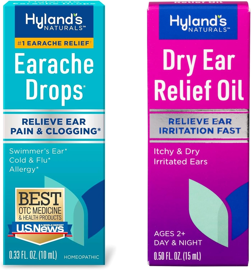 Paleta uchu Hyland 's Erache Drops 0.33 Fl Oz and Dry Ear Relief Oil, Relieve Ear Irritation Fast, for Itchy and Dry Iritated Ears, Ages 2 and up, Day and Night Drops, 0.5 unce
