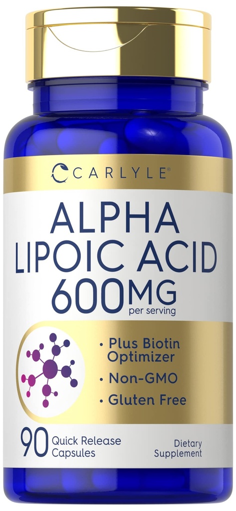 Carlyle Alpha Lipoic Acid 600mg XI124; Plus Biotin Optimizer XI124; 90 Kapsułki XI124; Non- GMO & Gluten