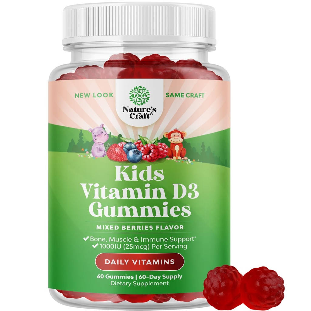 Gummie do żucia Witamina D dla dzieci - Pyszna witamina D 1000 j. m. na podawanie - Gummie immunologiczne Toddlers - Jagody aromatyzowane Suplement dla Bones Health & Muscles - Żelatyna Wolna - 60 żuć