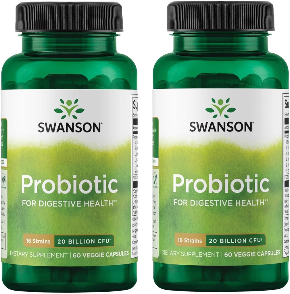 Swanson Probiotic for Digestive Health GI Tract Immune Support Travelers Support 20 Billion CFU z Prebiotic FOS 60 Veggie kapsułki (Kapsułki) (2 opakowania)