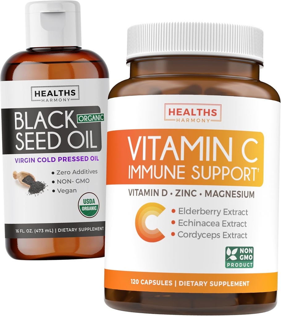 Płynne i immunologiczne wsparcie oleju z nasion czarnego (2- Month Supply) Immune Maximiser Bundle - Black Seed Oil Liquid (16fl.oz) Premium Cold- Pressed Clack Cumin Seed Oil & Witamina C Immune Support (120 Veg Caps)