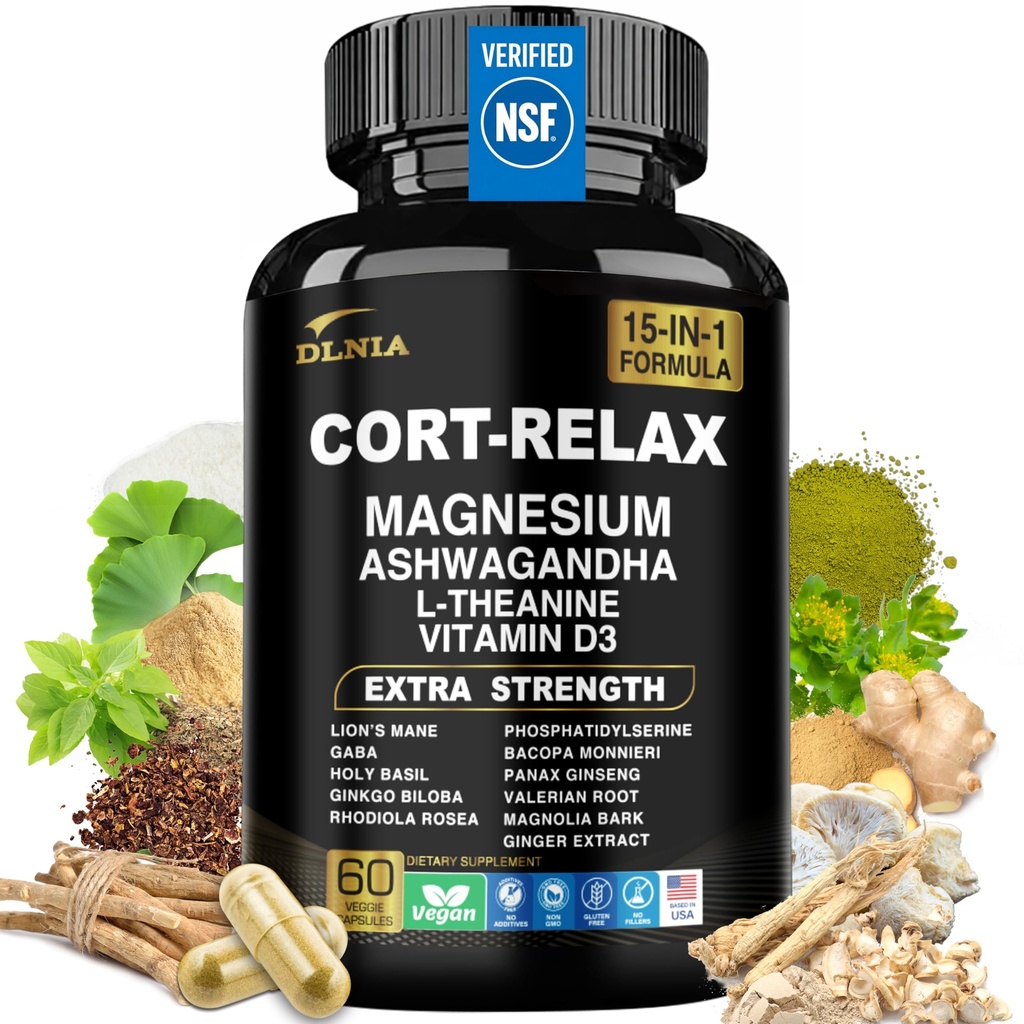 Super Calm Cortisol Suplement z Magnezu Glycinate, Ashwagandha KSM- 66, L- Theanine, Fosfatydylseryna, Ginkgo Biloba & Lions Mane for Calm, Focus, Mental Clarity, Relaxation, Sen, Energia