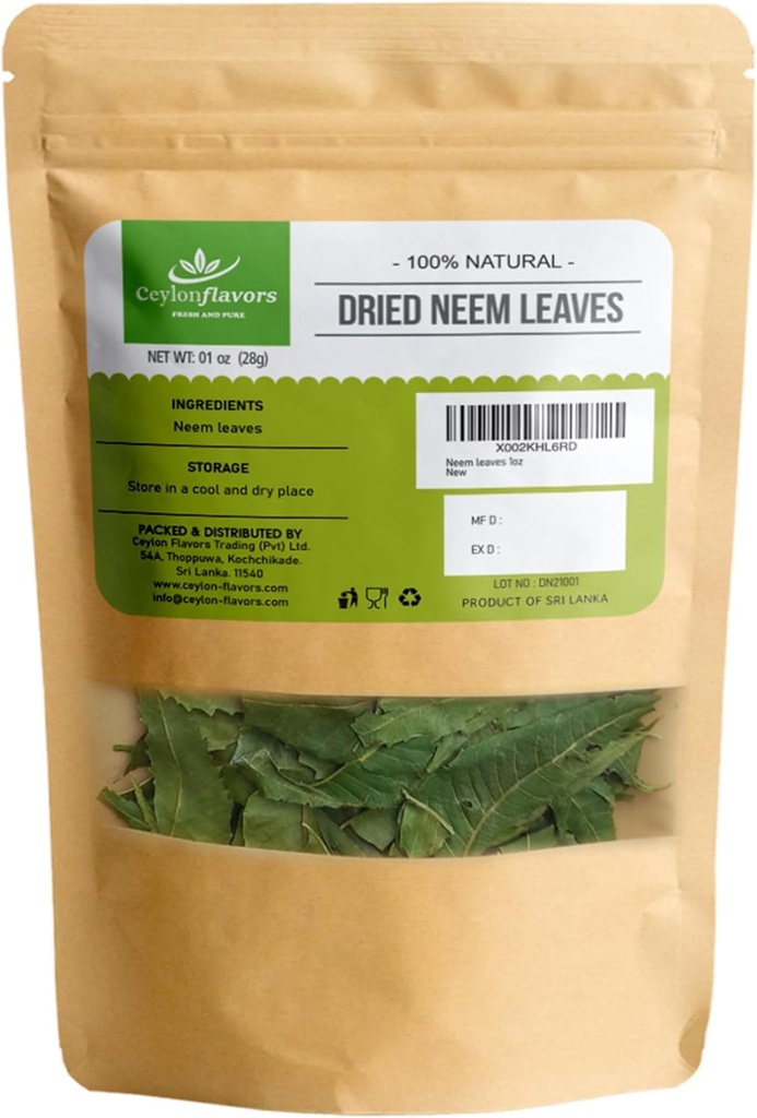 CEYLONFLAVORS ŚWIEŻE I PURE Suszone Neem Liście 1 oz zebrane z naturalnie hodowanych drzew
