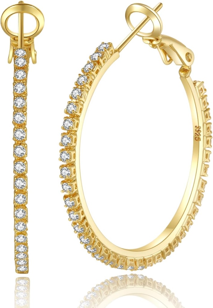 PABBEU 2mm 925 Kolczyki ze srebra Sterling Duże kolczyki ze srebra Sterling Hoop dla kobiet Duże kolczyki z Rhinestone Hoop Kolczyki cienkie Hipoalergiczne kolczyki sześcienne Cyrkonia dla kobiet 30 / 40 / 50 / 60 / 70mm