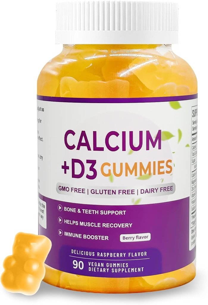 Wapń Magnezu Suplement cynku Gumumie D3- 90 Tabletki na butelkę (Wapń 500mg - Magnez 200mg - Cynk 10mg - Plus Witamina - Na Podawanie 2 Tabletki) Wegan Berry Flavor