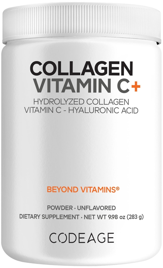Codeage Collagen Peptydes Powder + Witamina C - 20g Kolagen Grass- Fed Per Serving - Enzymy trawienne, Kwas hialuronowy, 18 Acidów Amino- Zhydrolizowane Białko Kolagenowe - Nie-GMO, Unflavored - 9.98 oz
