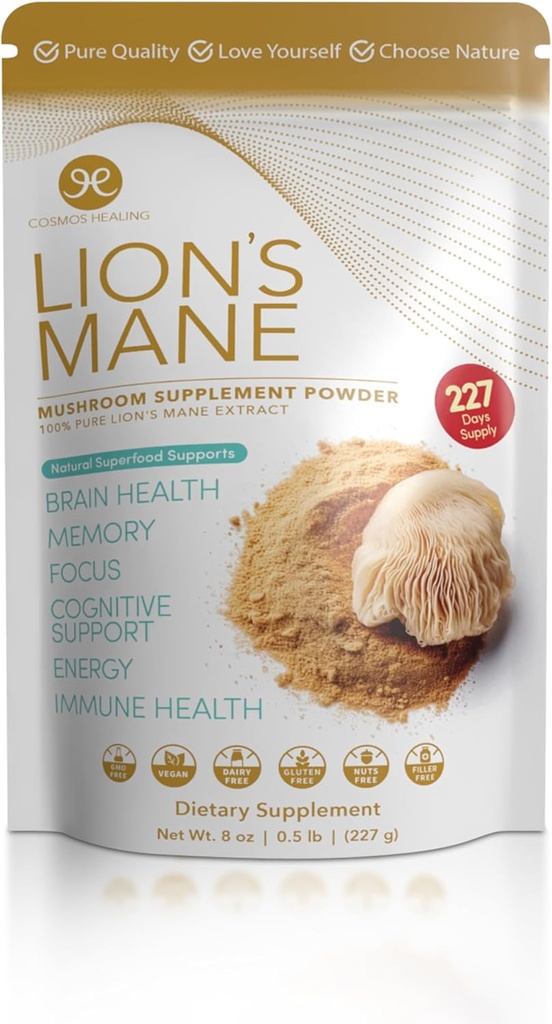 Lion 's Mane Mushroom Supplement Powder, 8 oz 124; Natural Superfood for Focus, Pamięć, Zdrowie mózgu, Wsparcie Cognitive, Immune Boost, Nerve Health, Energia 124; 227-Day Supply 124; Wegan, Non-GMO